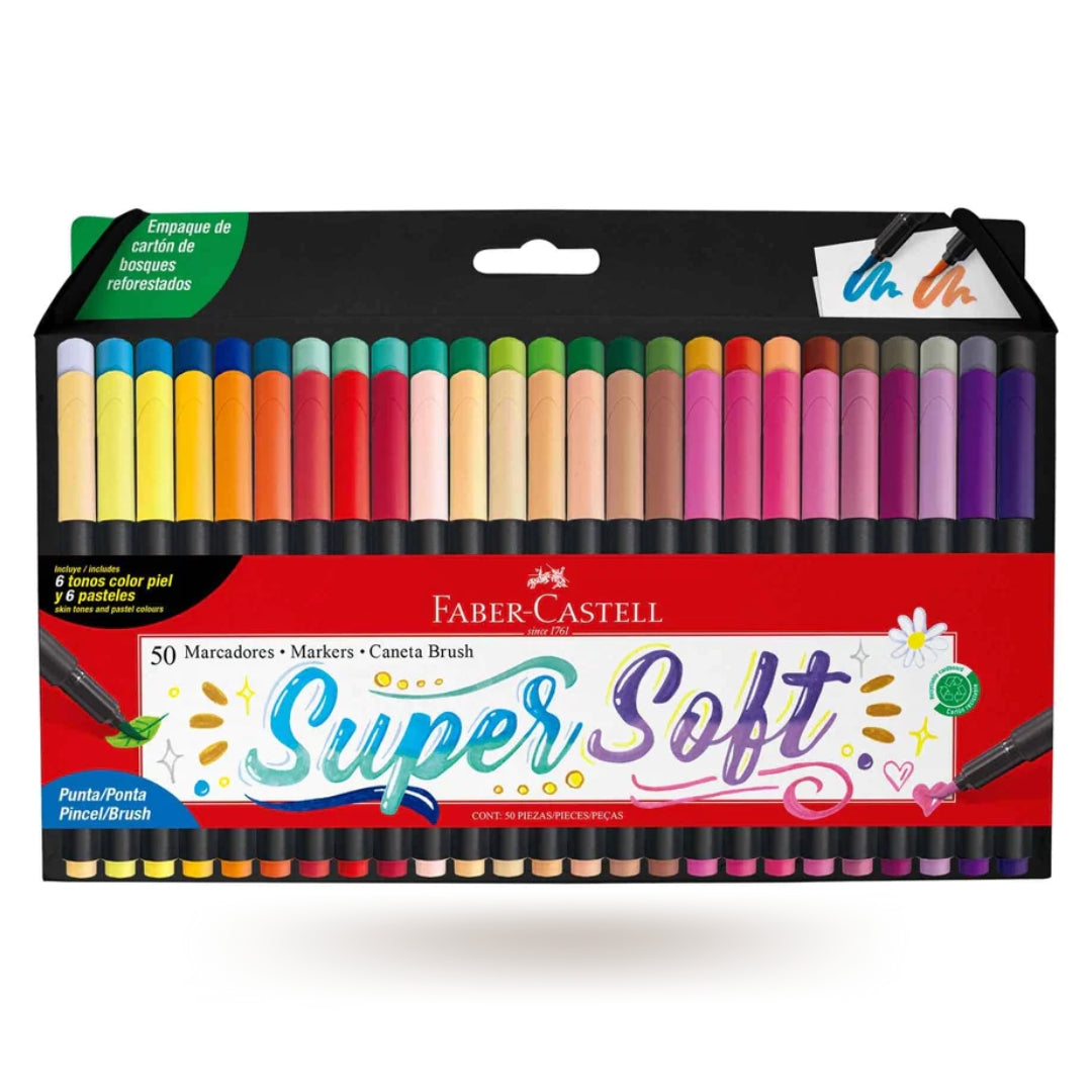 Plumones SuperSoft Punta Pincel Faber Castell x 50 Colores