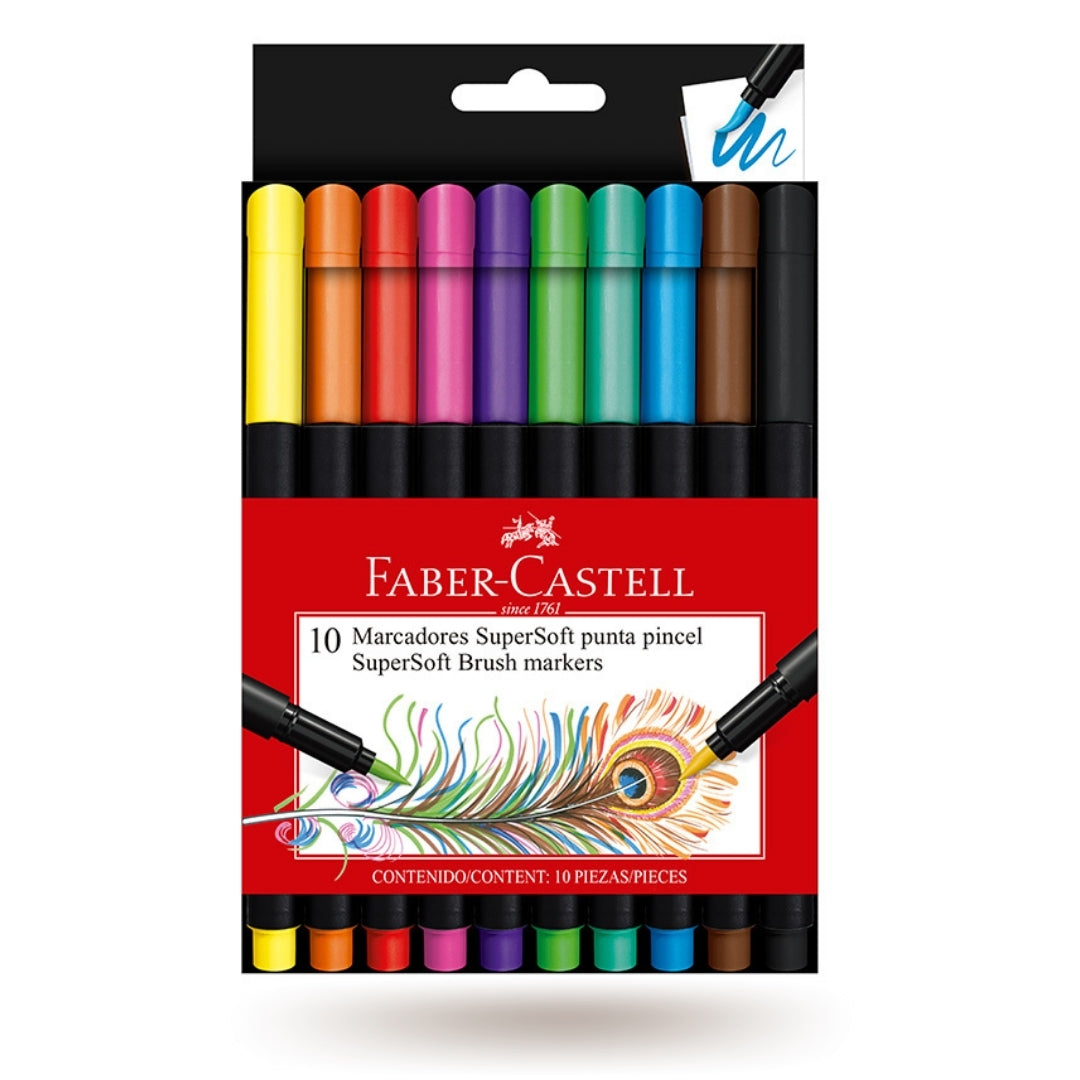 Plumones SuperSoft Punta Pincel Faber-Castell x 10 Colores