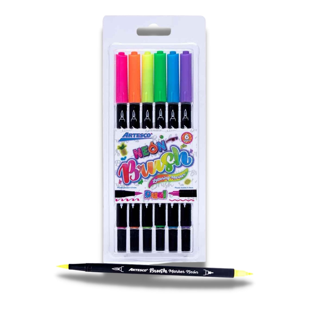 Artesco Marcador Dual Brush Pen x 6 Neón